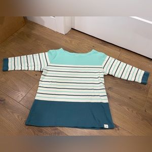 Ll Bean 3/4 Sleeve Top Knit Ivory Teal Striped Boat Neck Heavy Weight Coastal LR